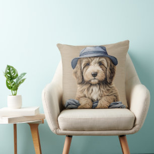 BROWN & WHITE SHAGGY DOG WITH BLUE HAT THROW PILLOW