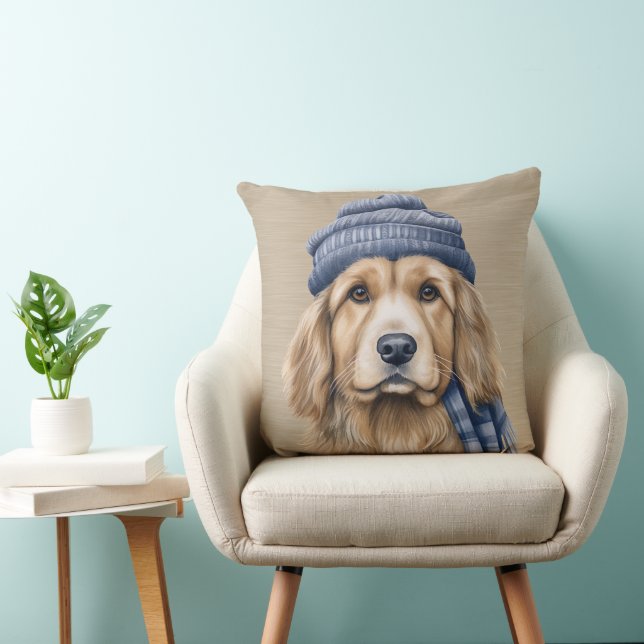 BROWN & WHITE SHAGGY DOG WITH BLUE HAT THROW PILLOW (Chair)