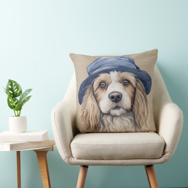 BROWN & WHITE SHAGGY DOG WITH BLUE HAT THROW PILLOW (Chair)