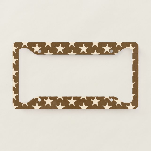 Brown White Sheriff Cowboy Stars Rustic Farmer License Plate Frame (Front)