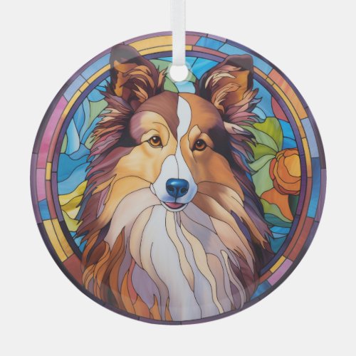 Brown White Shetland Sheepdog Stained Glass Ornament