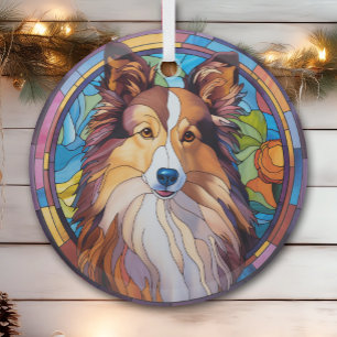 Brown White Shetland Sheepdog Stained Glass Ornament