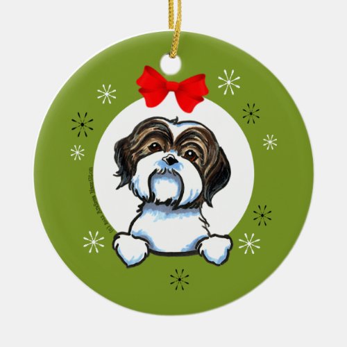 Brown White Shih Tzu Christmas Classic Ceramic Ornament