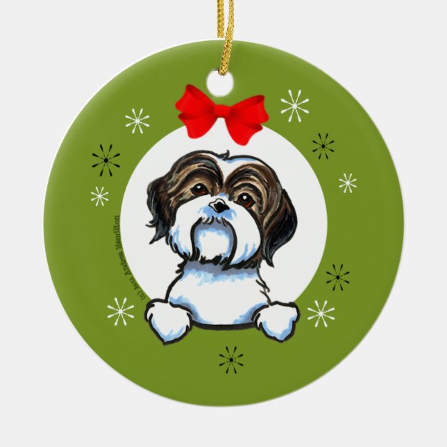 Brown White Shih Tzu Christmas Classic Ceramic Ornament (Front)