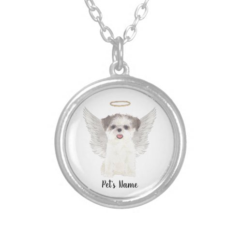 Brown  White Shih Tzu Sympathy Memorial Silver Plated Necklace