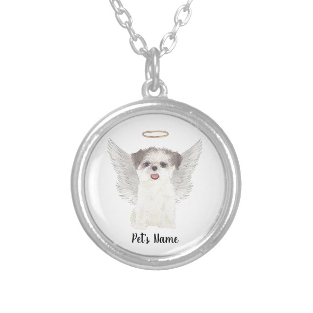 Brown & White Shih Tzu Sympathy Memorial Silver Plated Necklace (Front)