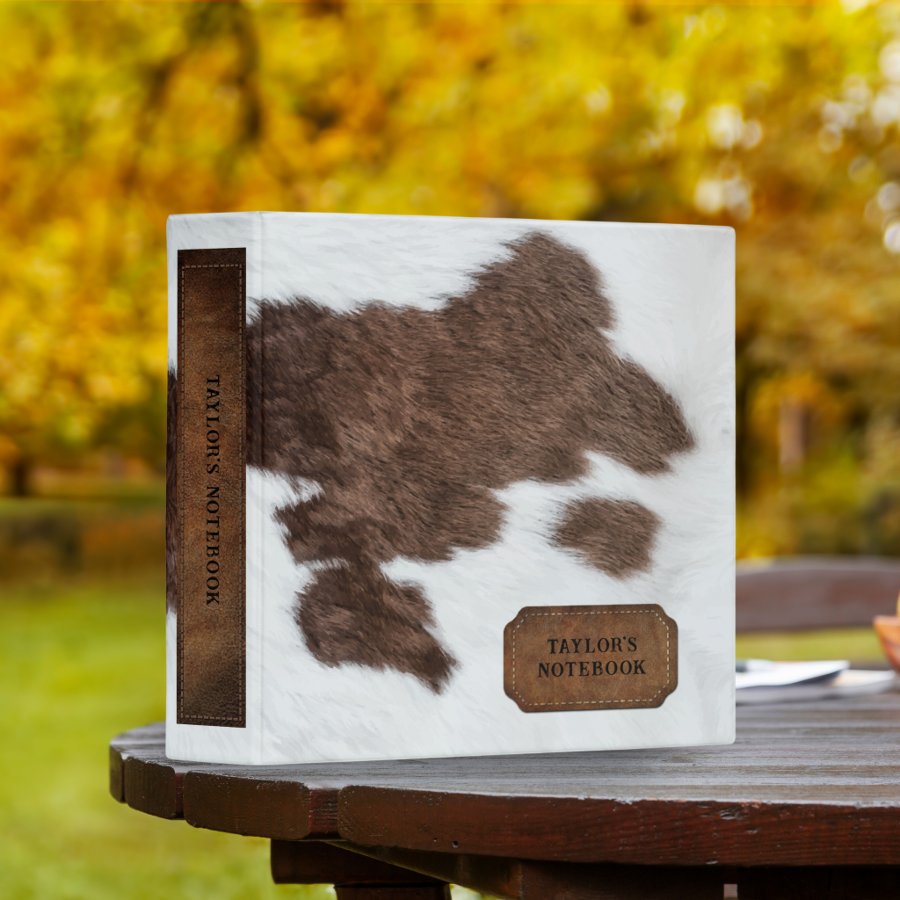 Brown White Spotted Faux Cow Fur and Leather 3 Ring Binder