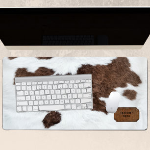 Brown White Spotted Faux Cow Fur and Leather Desk Mat