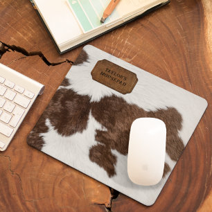 Brown White Spotted Faux Cow Fur and Leather Mouse Pad