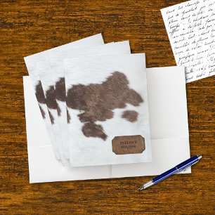 Brown White Spotted Faux Cow Fur and Leather Pocket Folder