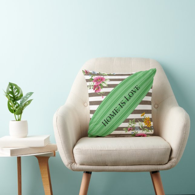 Brown & White Stripe Throw Pillow Floral Home Love (Chair)