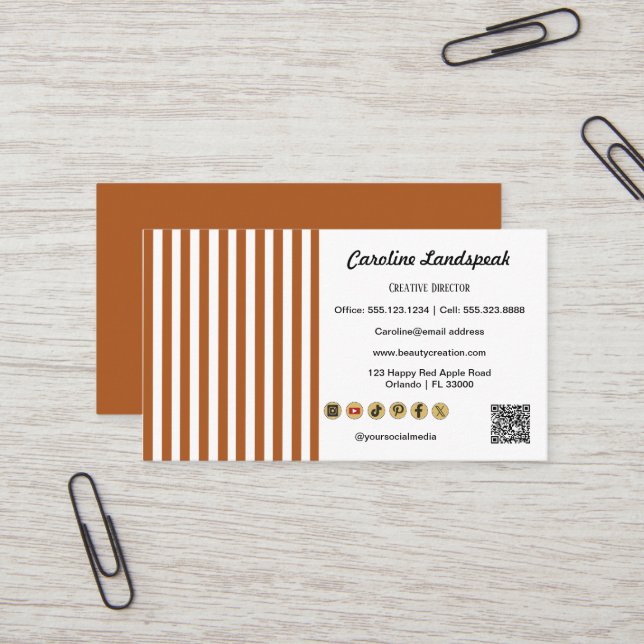 Brown White Stripes QR Code Social Media Icons Business Card (Front/Back In Situ)