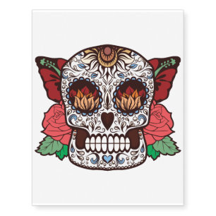 Brown White Tattoo Sugar Skull Pink Roses