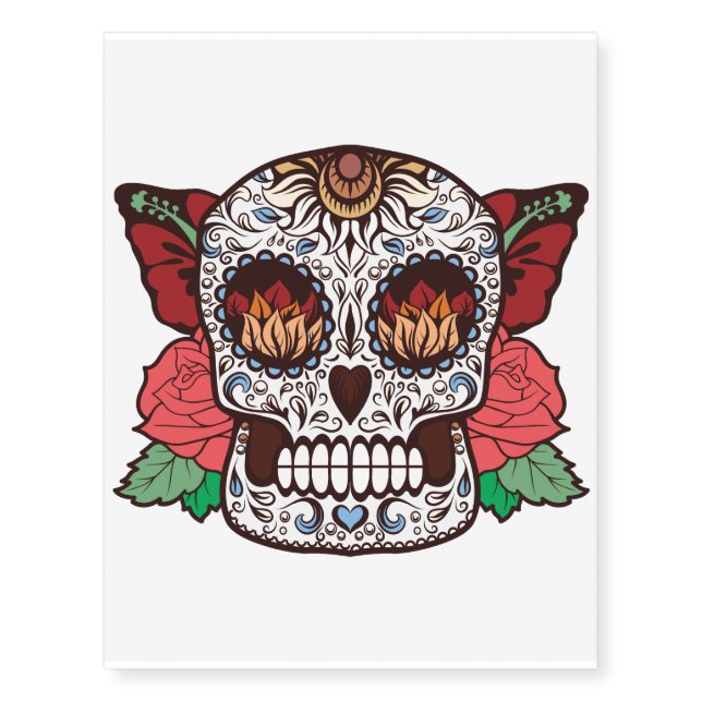 Brown White Tattoo Sugar Skull Pink Roses (Front)
