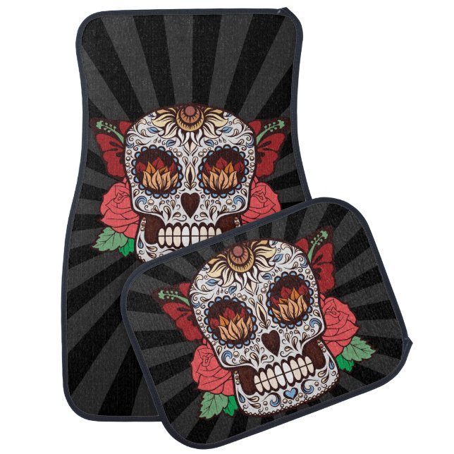 Brown White Tattoo Sugar Skull Pink Roses Car Mat (Set)