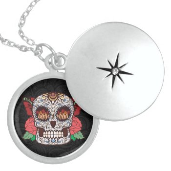 Brown White Tattoo Sugar Skull Pink Roses Sterling Silver Necklace by TattooSugarSkulls at Zazzle