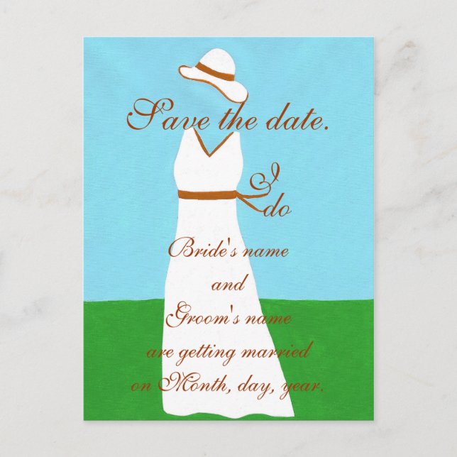 Brown White Wedding Dress Save the date Postcards (Front)