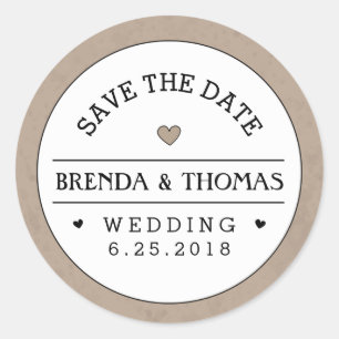 Brown & White Wedding Save the Date Round Label
