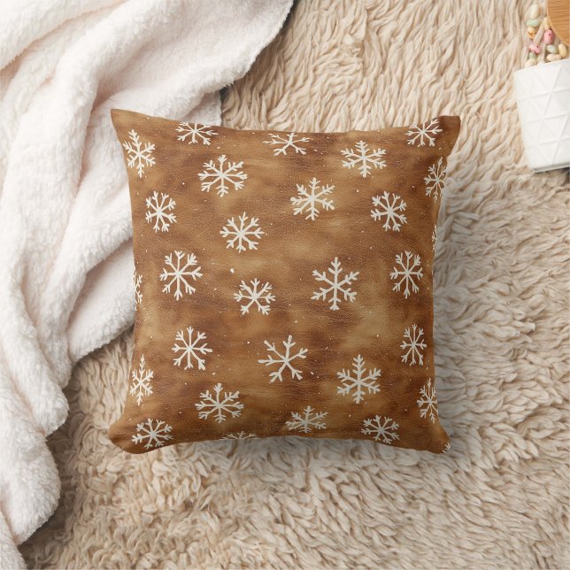 Brown White Winter Snowflakes Christmas Throw Pillow (Blanket)