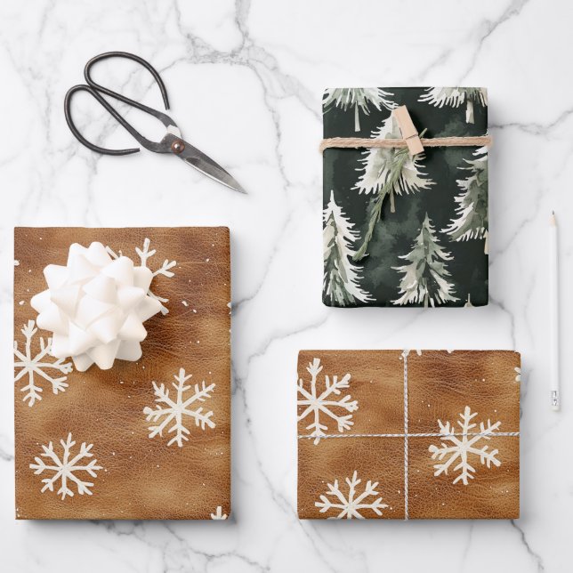 Brown White Winter Snowflakes Christmas Wrapping Paper Sheets (Front)