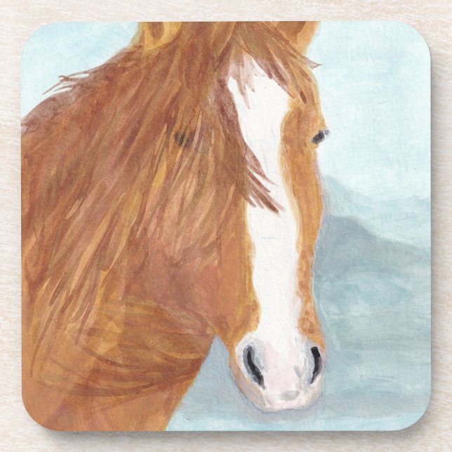 Brown Wild Horse Blue Mountain Lake - acrylic.    Beverage Coaster (Front)