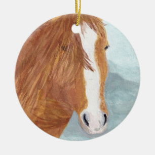 Brown Wild Horse Blue Mountain Lake - acrylic.    Ceramic Ornament