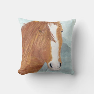 Brown Wild Horse Blue Mountain Lake - acrylic.   Throw Pillow
