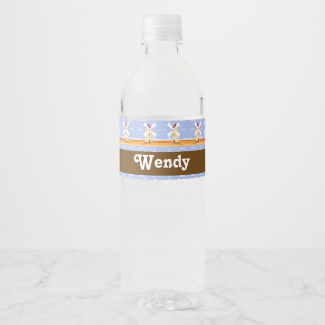 Brown windmills with red roofs pattern water bottle label (Front)