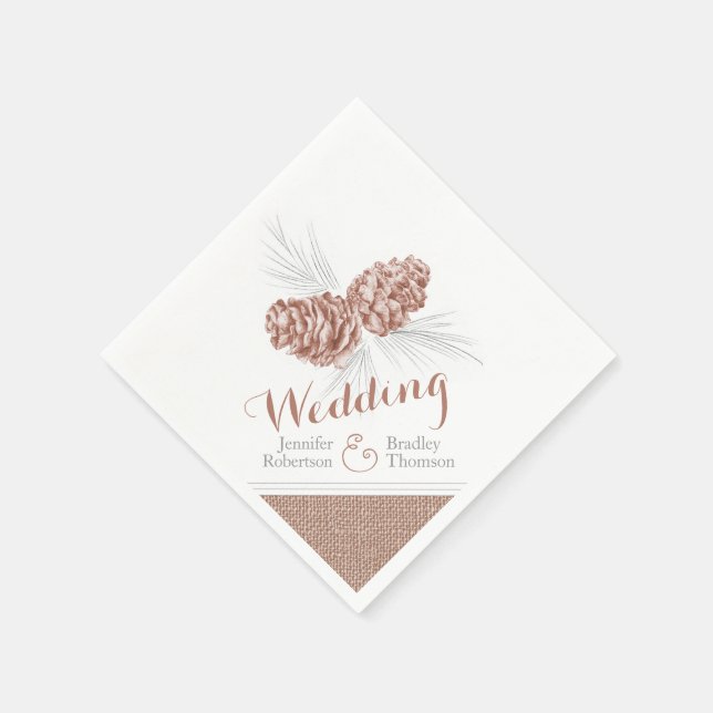 Brown winter pine cone art wedding paper napkins (Corner)