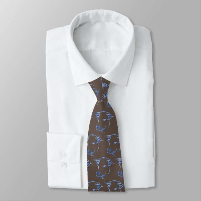 Brown with Blue Cows Head Pattern Neck Tie (Tied)
