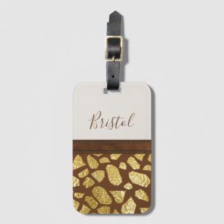 Brown With Gold Animal Print Faux Leather Trim Luggage Tag