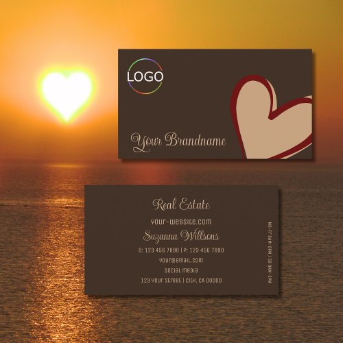 Brown with Gorgeous Red Beige Heart and Logo Cute Business Card