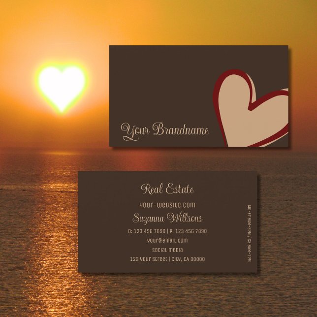 Brown with Gorgeous Red Beige Heart Cute Simple Business Card (Creator Uploaded)