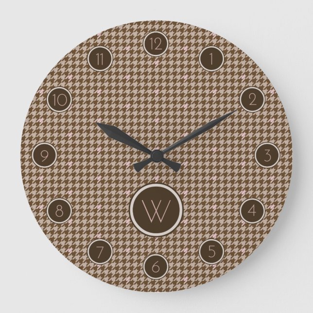 Brown with Rose Gold Accent Houndstooth Clock (Front)