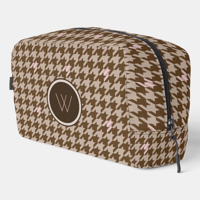 Brown with Rose Gold Accent Houndstooth Dopp Kit (Right Corner)