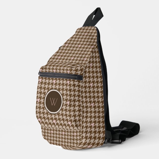 Brown with Rose Gold Accent Houndstooth Sling Bag (Right Corner)