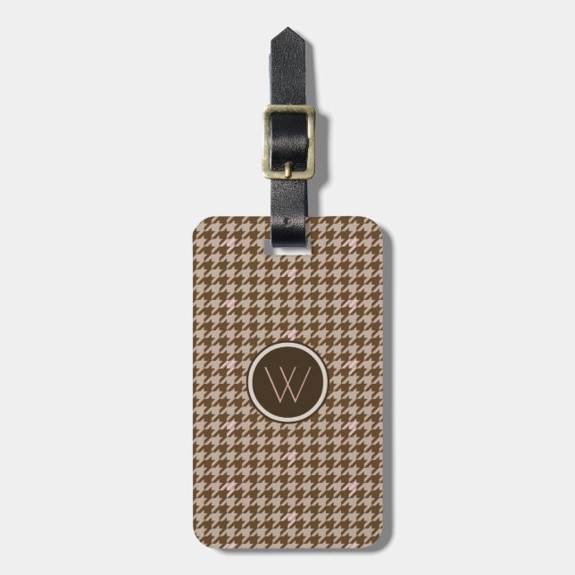 Brown with Rose Gold Houndstooth Luggage Tag (Front Vertical)
