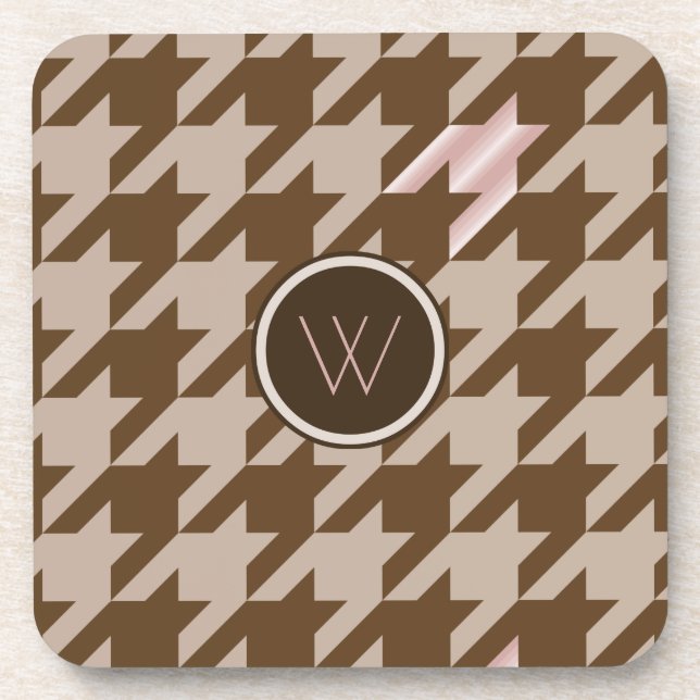 Brown with Rose Gold Houndstooth Square Coaster (Front)