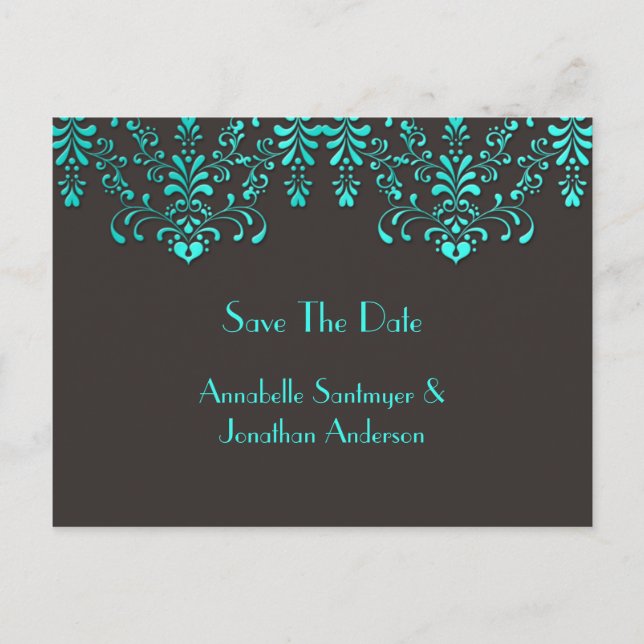 Brown With Teal Floral Swirls Save The Date Announcement Postcard (Front)