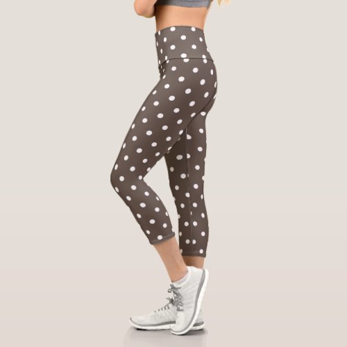 Brown with White Polka Dots Capri Leggings