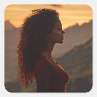 Brown woman overlooking the mountains square sticker
