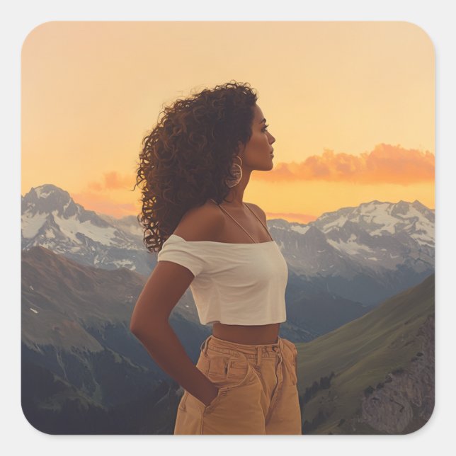 Brown Woman Overlooking the Mountains Square Sticker (Front)