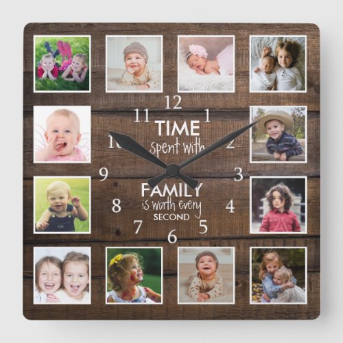 Brown Wood 12 Photo Template Time Family Quote Square Wall Clock