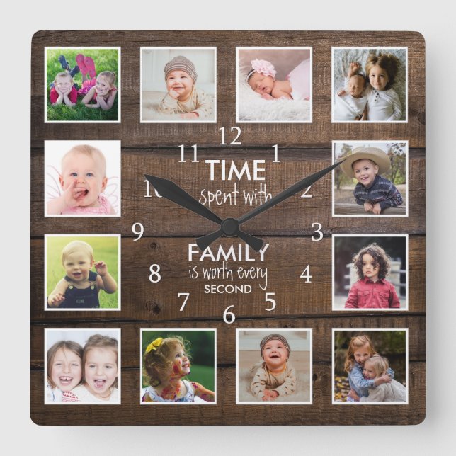 Brown Wood 12 Photo Template Time Family Quote Square Wall Clock (Front)