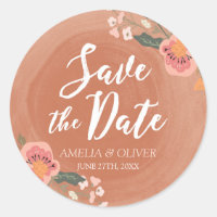 Brown Wood and Floral Rustic Save the Date Classic Round Sticker
