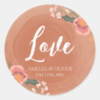 Brown Wood and Floral Rustic Wedding Love Classic Round Sticker
