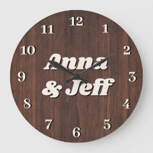 Brown Wood Background Valentine Couple Name Custom Large Clock