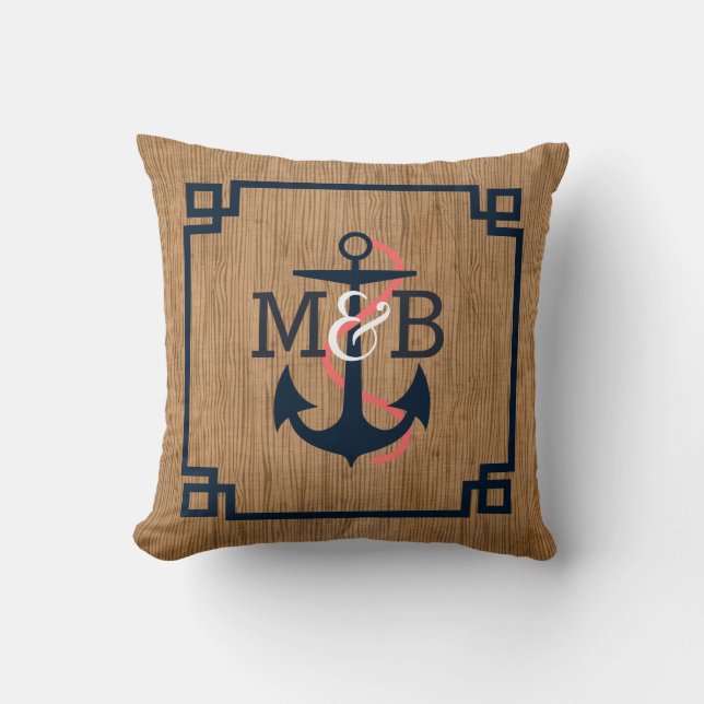 Brown Wood Blue Nautical Boat Anchor & Frame Throw Pillow (Front)