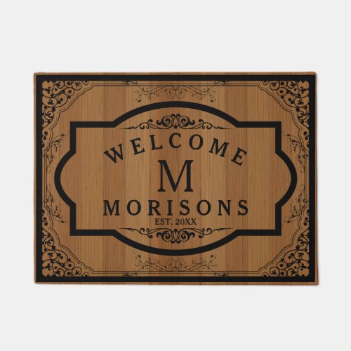 Brown Wood Boards Black Vintage Swirly Frame Doormat