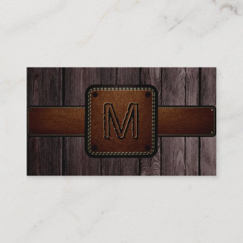 Brown Wood Brown Leather Look Monogram Business Card